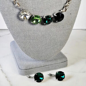 Green Crystal Necklace Earrings Set Silvertone Rolo Chain Adjustable Riv…